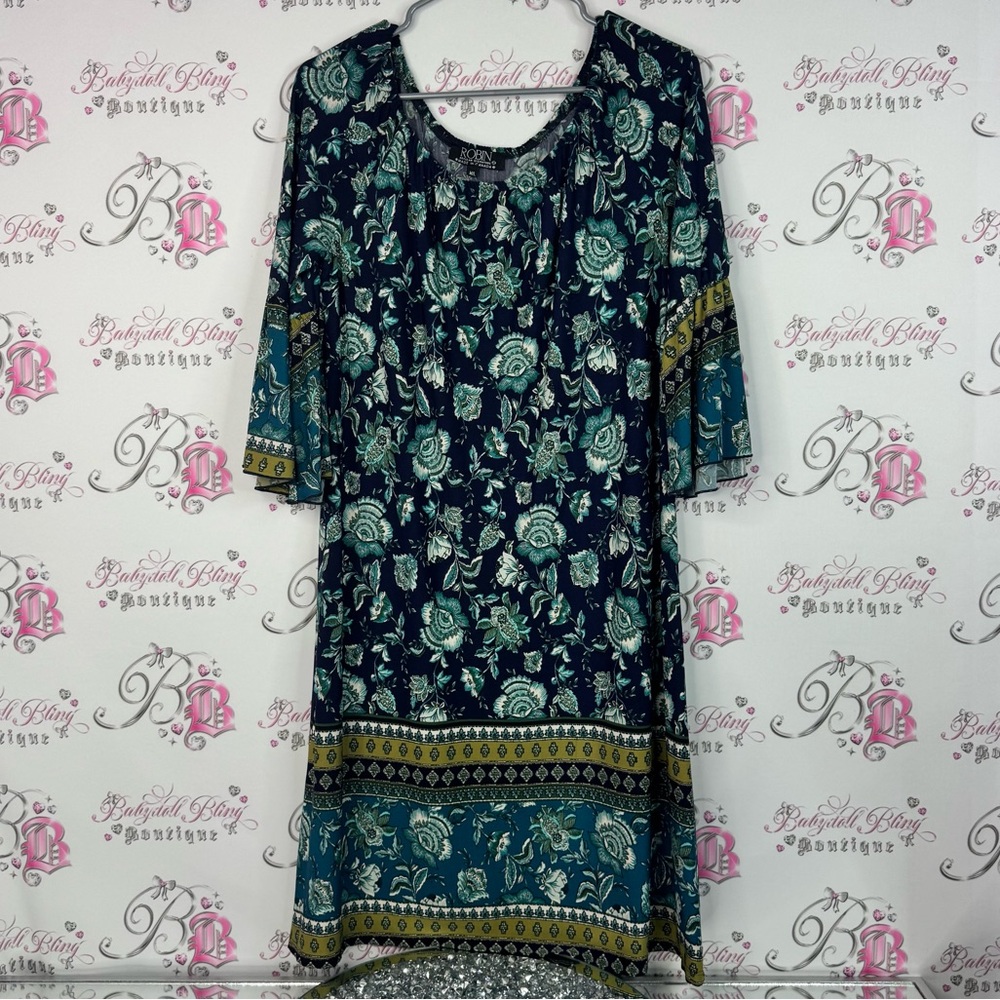 Robin dress ruffle sleeves Floral Patterned Dress with Blue and Green Accents